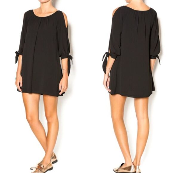 TYCHE Womens Relax Fit Crepe Lined Solid Black Open TieSleeves Shift Mini Dress - Picture 1 of 11